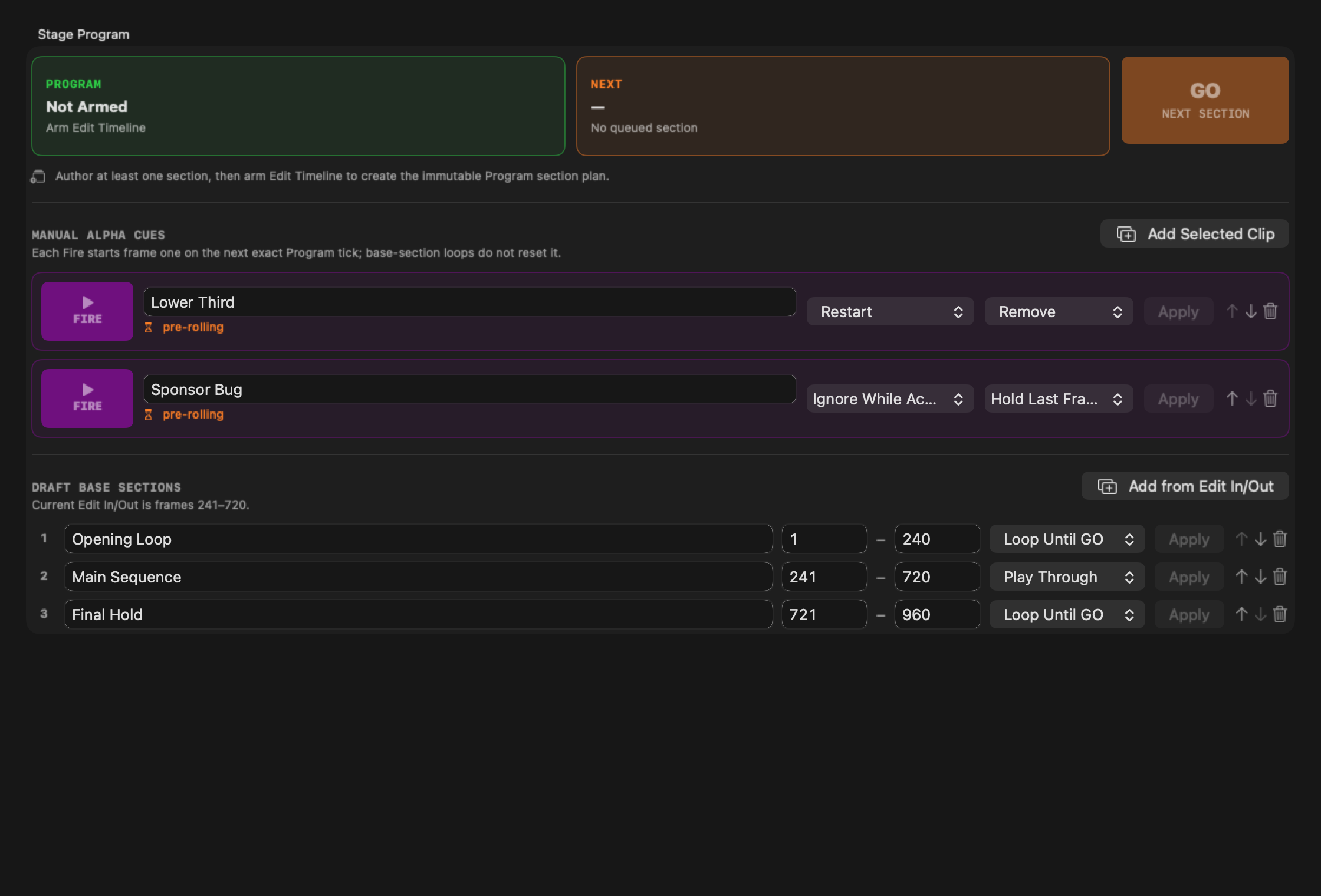 Draft Stage sections and manual alpha cues